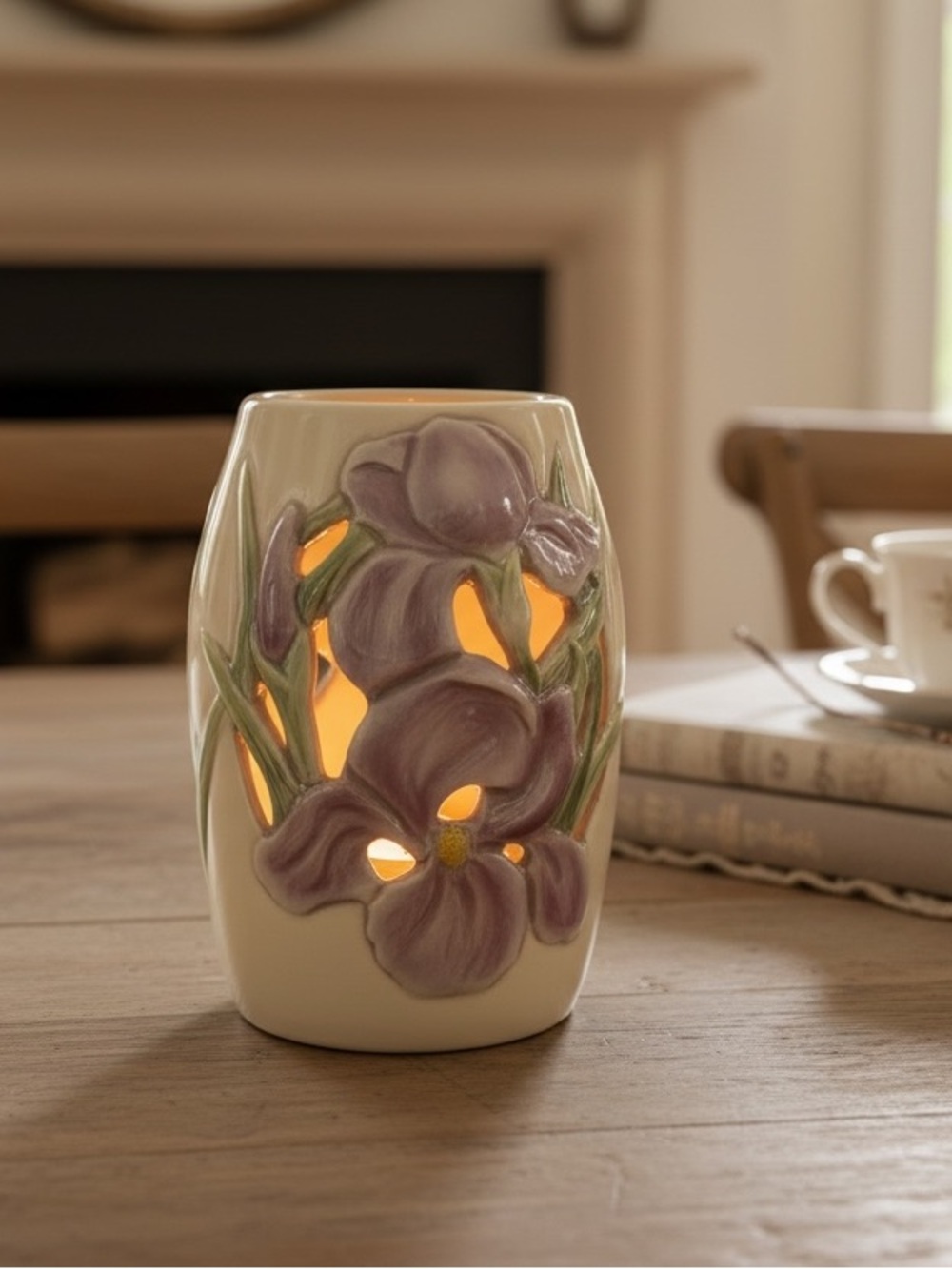 Vintage Ceramic Floral Luminary - Purple Iris Design 6”